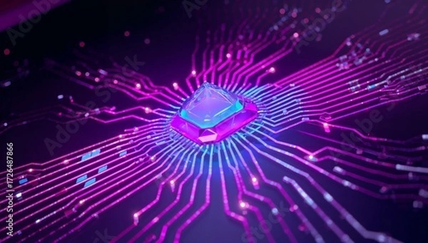 Obraz microchip digital tech background with glowing lines and dark backdrop