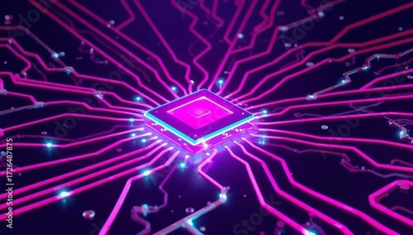 Obraz microchip close up with electric circuit pattern and bright glow