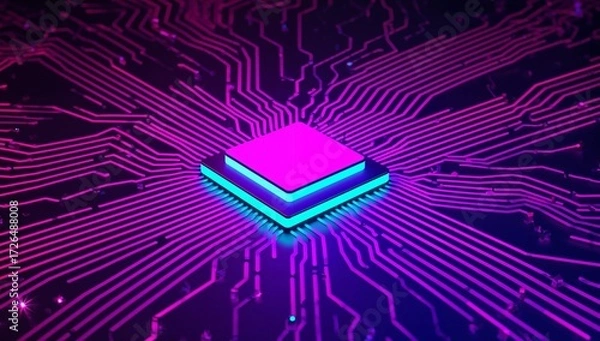 Obraz computer chip close up with blue neon circuits and dark background