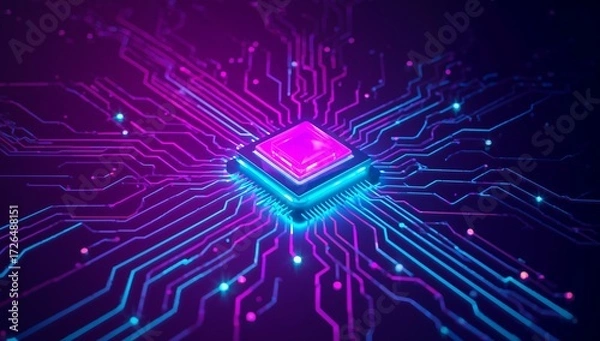 Obraz glowing microchip with blue light and circuit board background