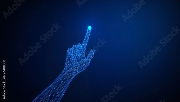Obraz Digital Hand Reaching to Glowing Blue Light on Dark Background