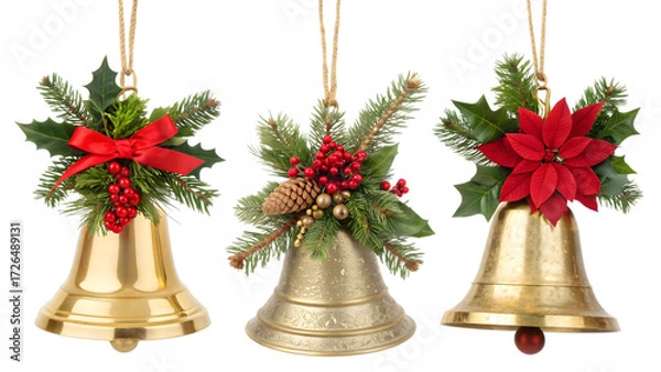 Fototapeta Three golden christmas bells with decoration isolated on transparent background