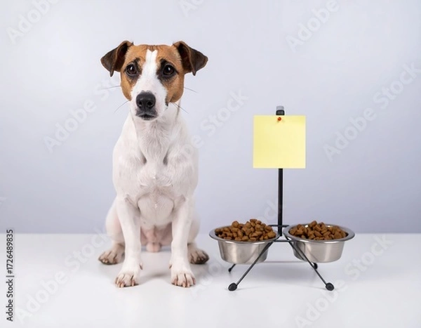 Fototapeta A Jack Russell Terrier sits patiently beside its empty food bowls and a blank yellow note