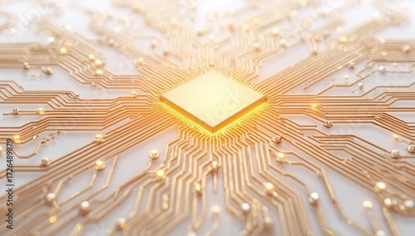 Obraz Semiconductor chip with futuristic golden circuit pathways