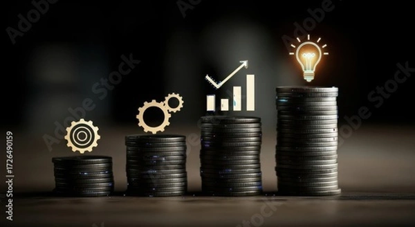 Fototapeta Financial growth and innovation represented by stacks of coins and symbols
