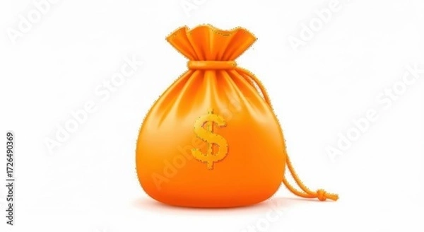 Fototapeta Orange drawstring bag filled with money symbols