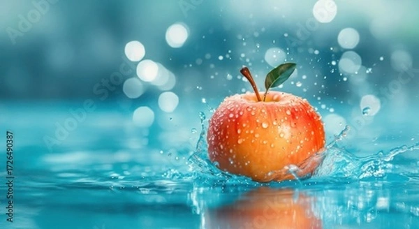 Fototapeta Juicy red apple splashing in refreshing water
