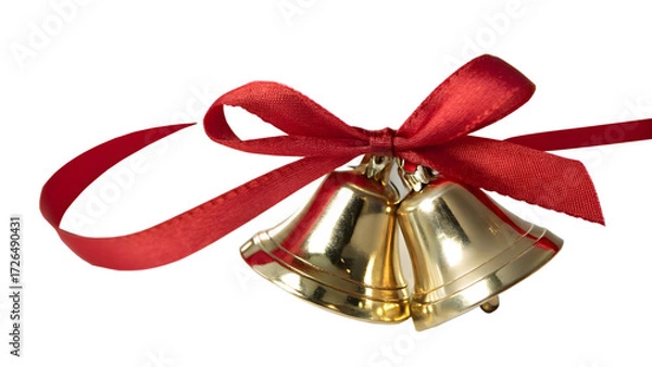 Fototapeta Two golden christmas bells with red ribbon isolated on transparent background