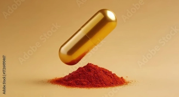 Fototapeta Gold capsule hovering over red powder