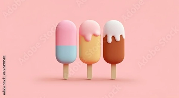 Fototapeta Three colorful ice cream bars on sticks against a pink background