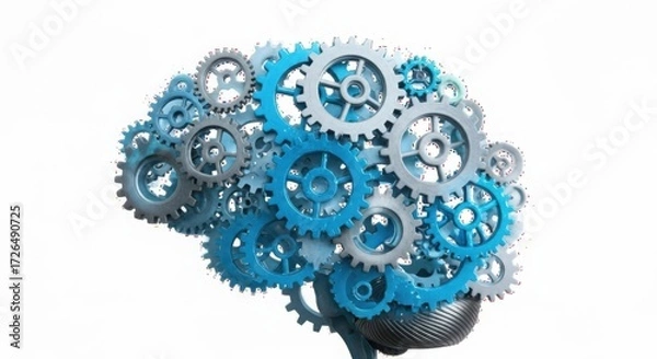 Fototapeta Intricate gears forming a mechanical brain on a white background