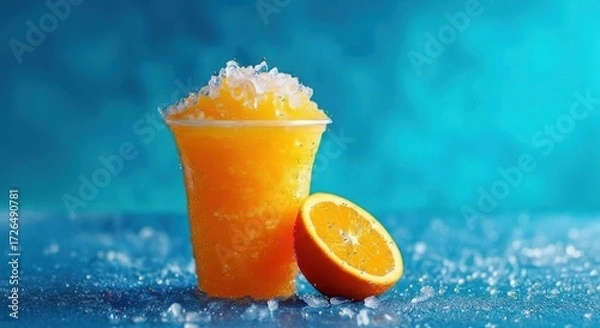 Fototapeta Refreshing orange slushy drink with fresh orange slice and ice
