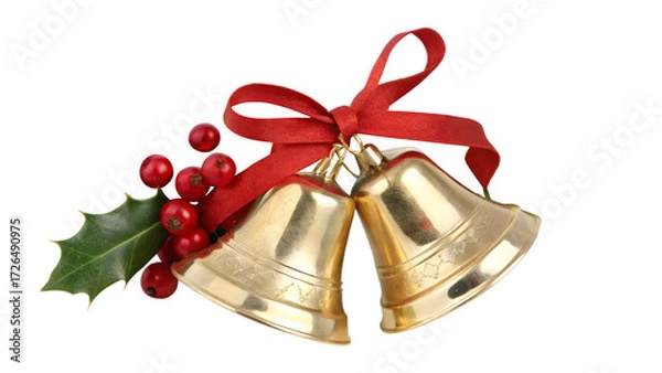 Fototapeta Two golden christmas bells with red ribbon isolated on transparent background