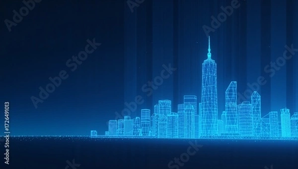 Obraz Futuristic City Background with Digital Blue Wireframe Towers and Light Beams
