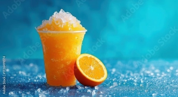 Fototapeta Refreshing orange slushy with fresh orange slice and ice