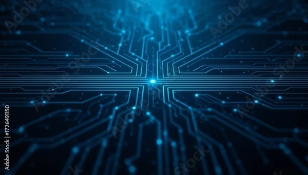 Obraz Technology digital network with glowing blue lines and bright light in dark background