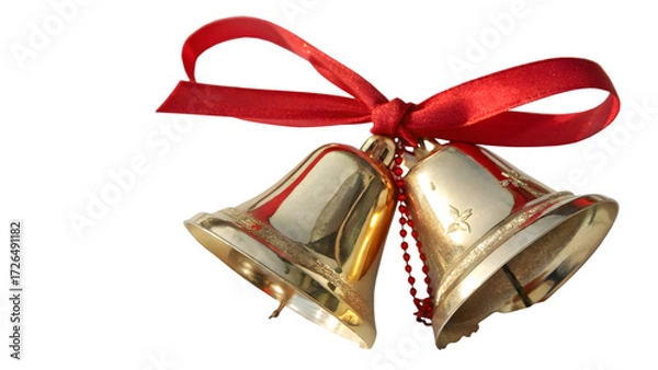 Fototapeta Two golden christmas bells with red ribbon isolated on transparent background