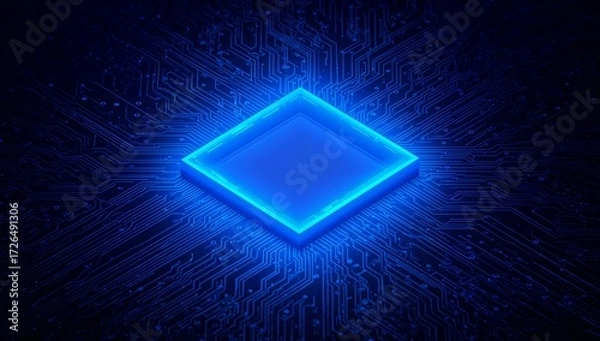 Obraz Futuristic Blue Square Light on Dark Circuit Background Technology Design