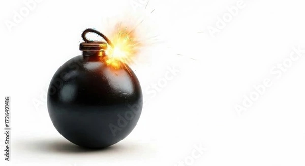 Fototapeta Exploding bomb with burning fuse on white background