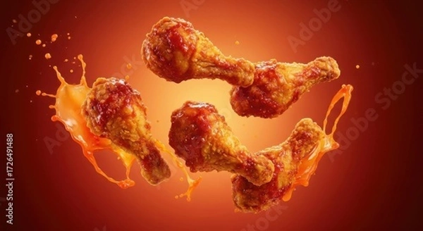 Fototapeta Crispy fried chicken wings in a fiery orange sauce