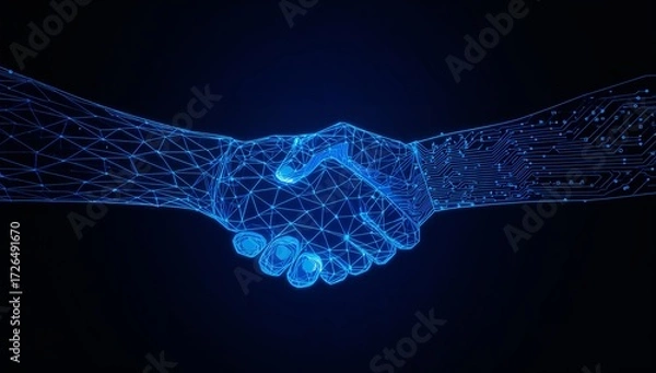 Obraz Digital Handshake Blue Wireframe Mesh on Black Background