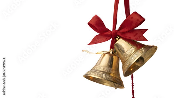 Fototapeta Golden christmas bells with red ribbon isolated on transparent background