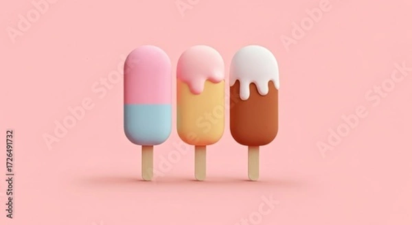Fototapeta Three colorful ice cream bars with dripping toppings on a pink background