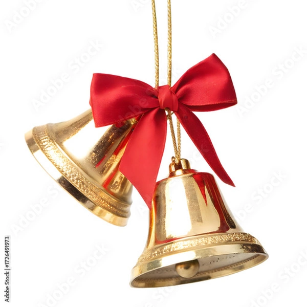 Fototapeta Two golden christmas bells with red bow isolated on transparent background