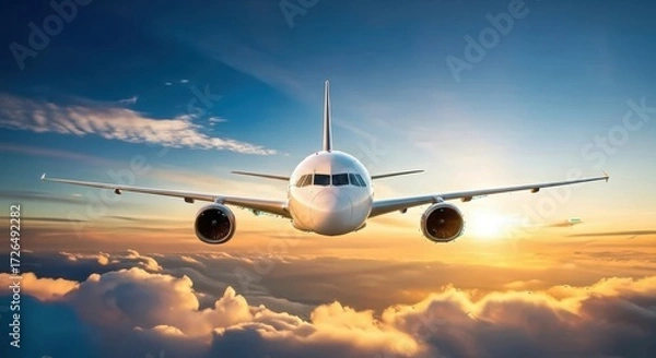 Fototapeta Passenger airplane flying through clouds at sunset