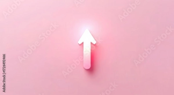 Fototapeta Glowing white arrow points upwards on a pink background