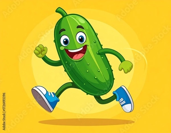 Fototapeta A jovial cucumber cartoon character, depicted mid-stride in a dynamic run, against a bright yellow backdrop
