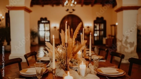 Fototapeta Elegant Rustic Dining Table Decor with Candles and Pampas Grass in Warm Lighting
