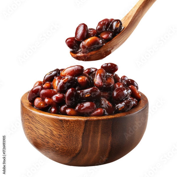 Fototapeta Cooked red kidney beans in wooden bowl, isolated on white transparent background, Boston Baked Beans slow-cooked with molasses and pork