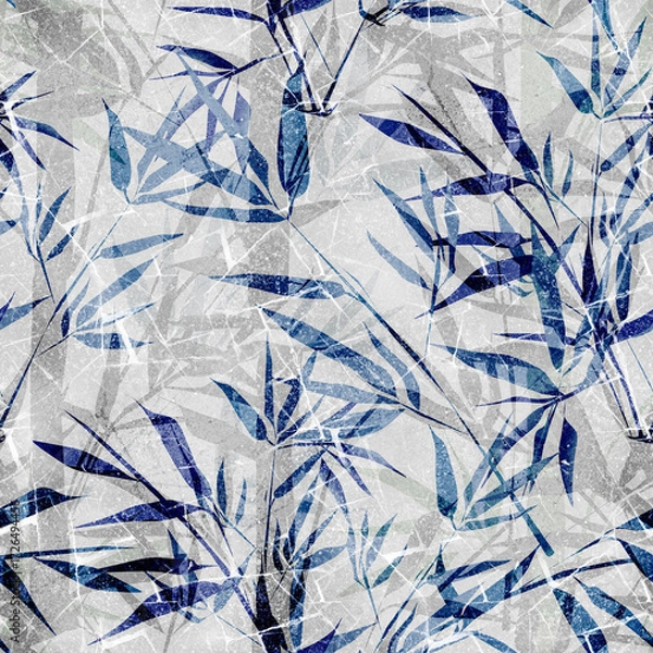 Fototapeta Seamless blue and gray tropical pattern with bamboo branches.