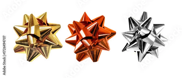 Fototapeta Golden silver and red ribbon knots in line and isolated on white background