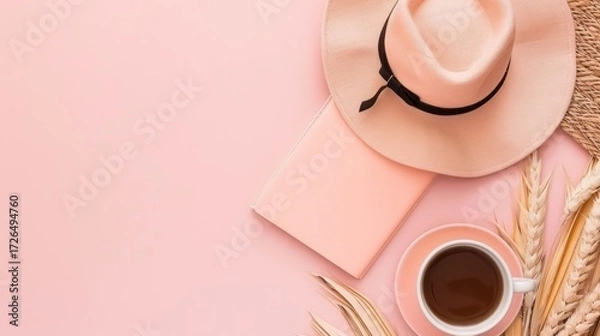 Fototapeta Elegant Summer Flat Lay with Straw Hat Book Coffee and Wheat on Pink Background