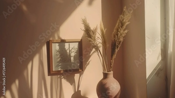 Fototapeta Elegant Vase with Pampas Grass in Sunlit Room Creating Calm and Cozy Atmosphere