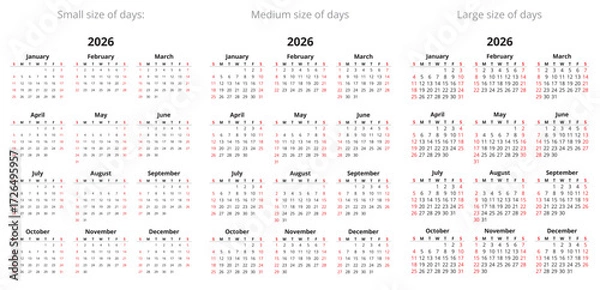 Fototapeta 2026 simple calendars with different size of days. English year design (week starts sunday)