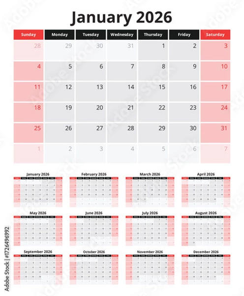 Fototapeta 2026 calendar. Vector collection set of English monthly calendar. Design Sunday start