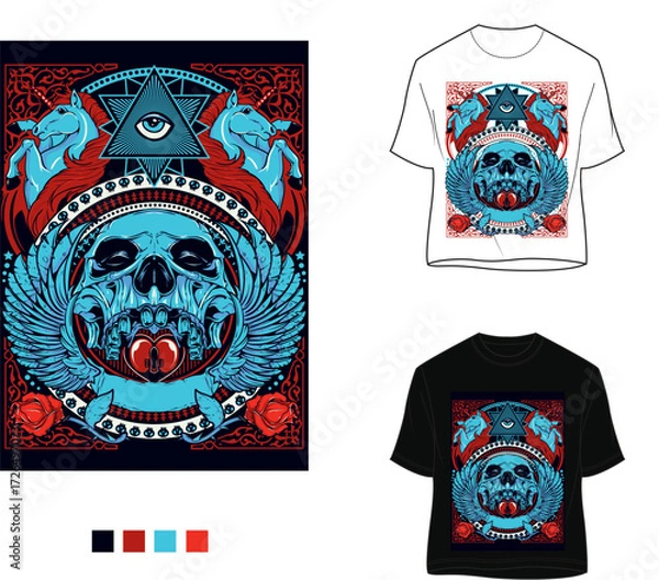 Obraz Occult Gothic Skull with Wings and All Seeing Eye | Dark T-Shirt Vector Design 