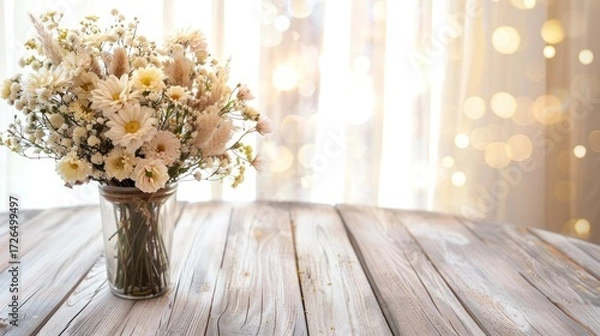 Fototapeta Elegant White Flower Bouquet in Glass Vase on Wooden Table with Soft Bokeh Background