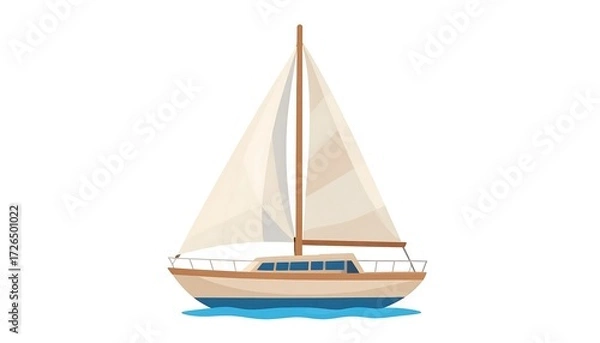 Fototapeta A sailboat with beige sails and hull, blue waterline, floats on a white background