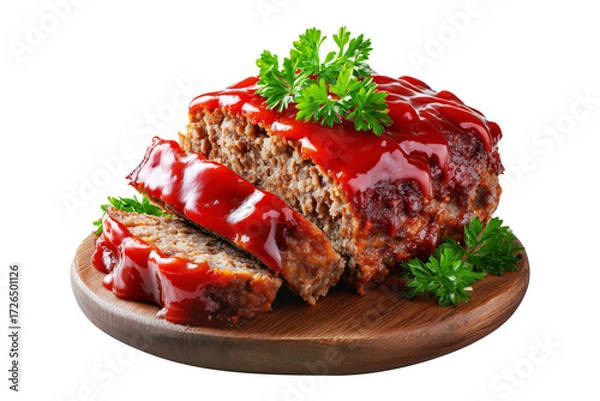 Fototapeta Meatloaf slice topped with ketchup and garnished with parsley on wooden plate, isolated on white transparent background, concept of homemade comfort food