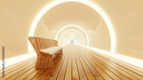 Fototapeta Futuristic Tunnel with Wooden Bench and Bright Neon Arches in Modern Sci-fi Style