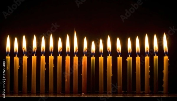 Fototapeta Many lit candles in various colors against dark backdrop