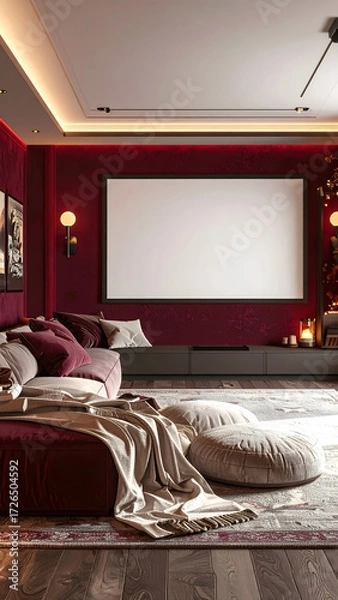 Fototapeta Stylish modern interiors in deep burgundy tones with velvet accents, marble details, and warm ambient lighting. Cozy and elegant spaces