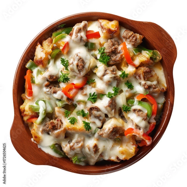 Fototapeta Cheesy baked beef and vegetable casserole with broccoli and bell peppers in ceramic dish, top view, isolated on white transparent background, concept of American traditional dishes