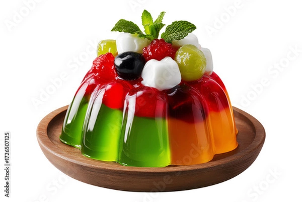 Fototapeta Jelly salad dessert topped with fresh berries, mint leaves, marshmallows and candy on wooden plate isolated on white transparent background, concept of sweet fruity freshness