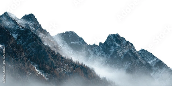 Fototapeta Misty mountain landscape with dense pine forest and snowy peaks, isolated on transparent cutout background