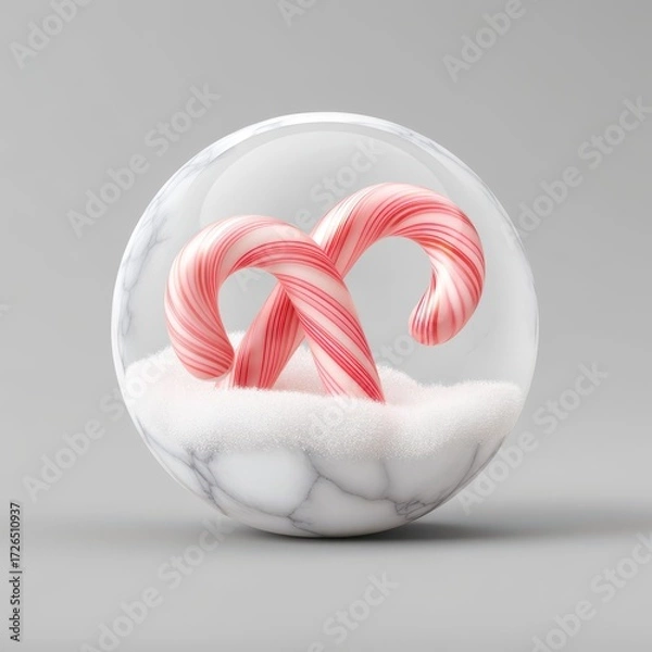 Fototapeta A charming winter scene in a snow dome, featuring a candy cane nestled in soft snowdrifts for a festive touch.